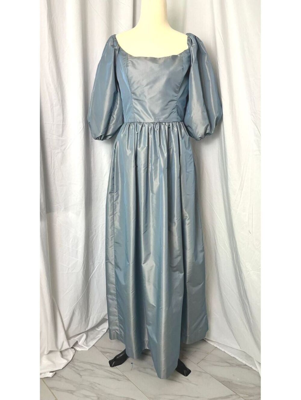 Vintage Victor Costa Sakowitz Gray Taffeta Off Shoulder Puff Sleeve Dress Sz 8